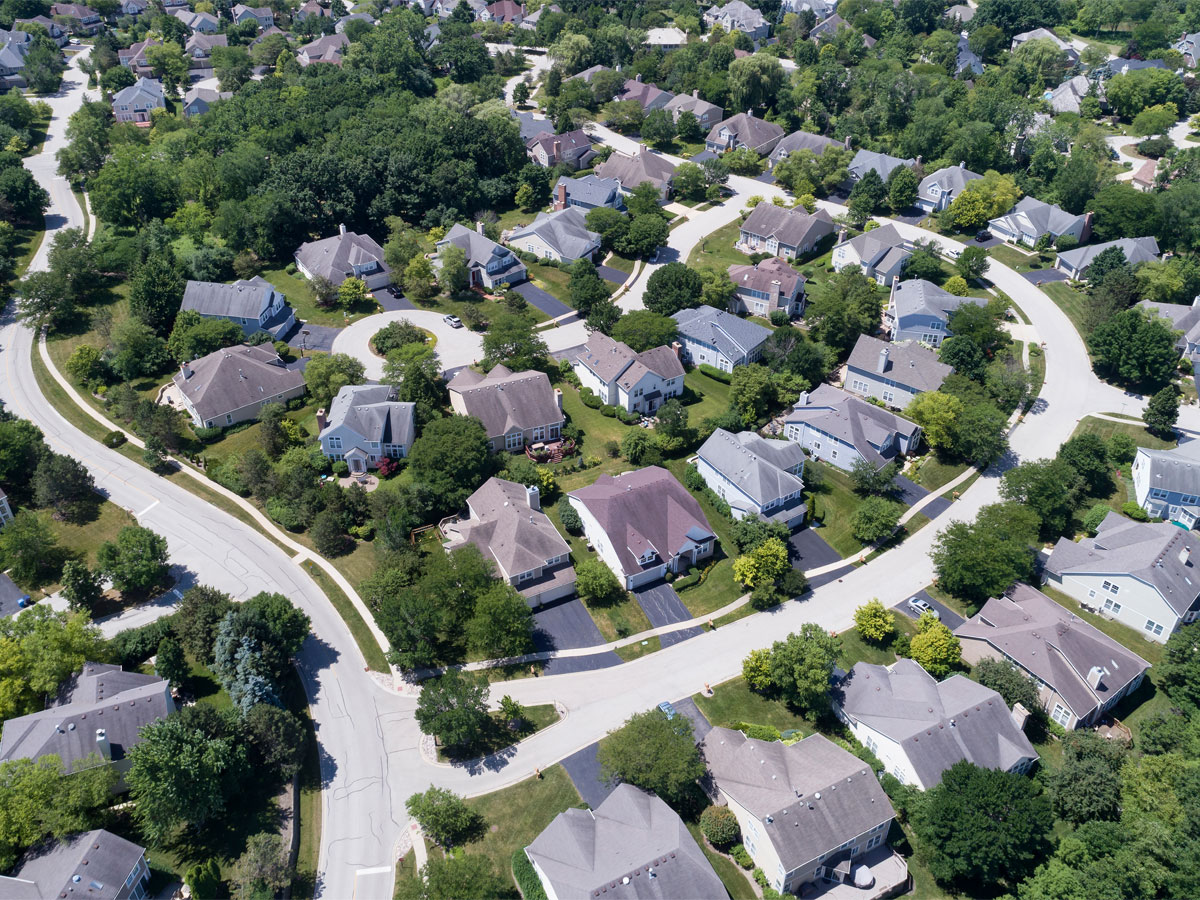 Aerial view of a housing community